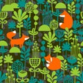 Fox in night forest seamless pattern