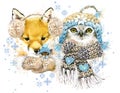 Fox and owl in a knitted hat with snowflake watercolor background. watercolor winter wild forest animal illustration. Royalty Free Stock Photo