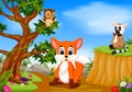 Fox, owl and lemur with mountain cliff scene