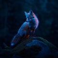 Fox perched on mossy rock, glowing in the cool night, looking left. Royalty Free Stock Photo
