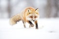 fox pouncing on prey under snow