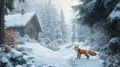A fox prowling through a snowy forest near a ranger cabin. digital Royalty Free Stock Photo