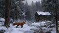 A fox prowling through a snowy forest near a ranger cabin. digital Royalty Free Stock Photo
