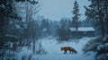 A fox prowling through a snowy forest near a ranger cabin. digital Royalty Free Stock Photo
