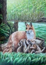 Fox with puppies in the forest. Next to the river. Acrylic colors on paper. Beautiful picture.