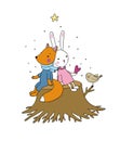 Fox, rabbit and bird sitting on a tree stump. Royalty Free Stock Photo