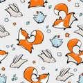 Fox, rabbit, chicken seamless pattern. Vector illustration