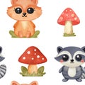 Fox and Raccoon With Red Mushrooms Against