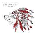 Fox in the red indian roach. Indian feather headdress of eagle