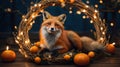 Red Fox in Festive Christmas Wreath with Tangerines Royalty Free Stock Photo