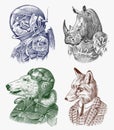 Fox and Rhino dressed up in Suit. Cat and Polar bear. Astronaut or Spaceman. Fashion Animal characters set. Hand drawn