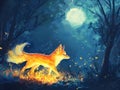 a fox is running under a full moon, dark trees and soft light create a magical and mysterious nighttime view Royalty Free Stock Photo
