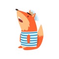 Fox Sailor Wearing Striped Singlet and Cap, Cute Humanized Animal Cartoon Character Vector Illustration