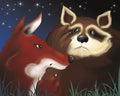 Fox and scared racoon by night