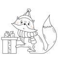 Fox in a scarf and a hat with a big gift. Winter character - A cute wild animal in clothes. Vector illustration. line Royalty Free Stock Photo