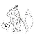 Fox in a scarf and a hat with a letter. Winter character - cute wild animal in clothes. Vector illustration. line Royalty Free Stock Photo