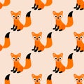 Seamless pattern with cute happy cartoon fox in flat style. Royalty Free Stock Photo