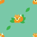 Fox seamless pattern for fabrics, cards. Cute fox sits with leaves.