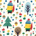 Fox seamless pattern with tree, acorn, flower, mushroom, blueberry. Kids scandinavian wood background.