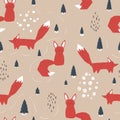 Fox seamless pattern. Vector background with winter forest and red animal in scandinavian style. Ideal for baby textiles, Royalty Free Stock Photo