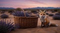 Red Fox Sitting Near Basket with Lavender in Desert Landscape at Sunset Royalty Free Stock Photo