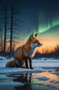 Fox Sits on Frozen Lake Under the Northern Lights at Night Winter Royalty Free Stock Photo