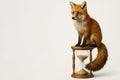 Fox sitting on an hourglass on a light background. Space for text. Royalty Free Stock Photo