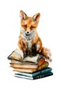 Fox sitting on stack of books watercolor illustration. Generated by AI Royalty Free Stock Photo
