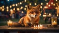 Red Fox at Night with Candles and Fairy Lights Royalty Free Stock Photo