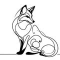 A fox sitting on a white background in a black and white drawing. The fox possesses a gracefully curved tail. Royalty Free Stock Photo