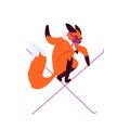 Fox skier in purple goggles. A cartoon fox shows a trick on skis crossing them. Vector stock illustration of animal free-rider