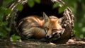 A fox sleeps curled up inside of a hollowedout log Royalty Free Stock Photo