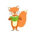 Fox Smiling Bookworm Zoo Character Wearing Glasses And Reading A Book Cartoon Illustration Part Of Animals In Library Royalty Free Stock Photo
