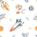 Space watercolor seamless pattern with fox spaceaut, rocket, flying saucer, shuttle, planets, stars