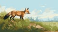 Romanticized Digital Painting Of A Fox Grazing In A Field