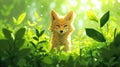 Adorable Fox Kit in Lush Green Foliage, Basking in Sunlight Royalty Free Stock Photo