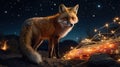 A Captivating Fox in a Dreamy Night Landscape with Fairy Lights, Starry Sky Royalty Free Stock Photo