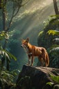 Majestic Asian Wild Dog Standing on Rock Against Sunbeam Forest Backdrop Royalty Free Stock Photo
