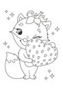 Little fox hugs strawberry heart coloring page.Vector cartoon illustration