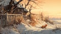 Digital Painting Of A Fox In A Snowy Landscape Near A Fence And Barn Royalty Free Stock Photo