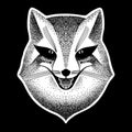 Fox. Stylized portrait of a sly fox on a black background. Sly fox smiles. Black and white sketch. Liar, dodger