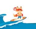 Fox superhero. Active sport fox standing on surfboard and flowing on wave. Vector cartoon mascot Royalty Free Stock Photo