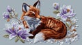 Embroidery Fox Art with Purple Magnolias and Floral Branches Royalty Free Stock Photo
