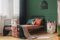 Fox theme in cute bedroom interior with green wall and orange bedding Royalty Free Stock Photo