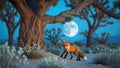 Red Fox Underneath Desert Tree at Night with Full Moon Royalty Free Stock Photo