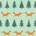 Fox, xmas trees and snowflakes seamless pattern.