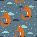 Foxes, clouds and rain, colorful seamless pattern