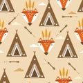 Foxes with feathers, wigwams, colorful seamless pattern. Decorative cute background with animals, sky Royalty Free Stock Photo