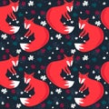 Colorful seamless pattern with foxes, flowers. Decorative cute background with animals