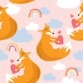 Colorful seamless pattern with foxes, hearts, rainbow. Decorative cute background with funny animals, sky Royalty Free Stock Photo